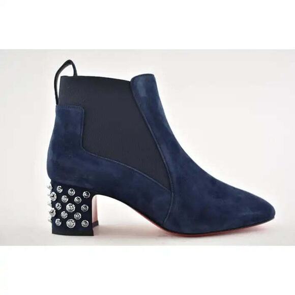 Christian Louboutin Study 55 Blue Suede Silver Spike Block Heel Ankle Boot 36.5 - Picture 2 of 9